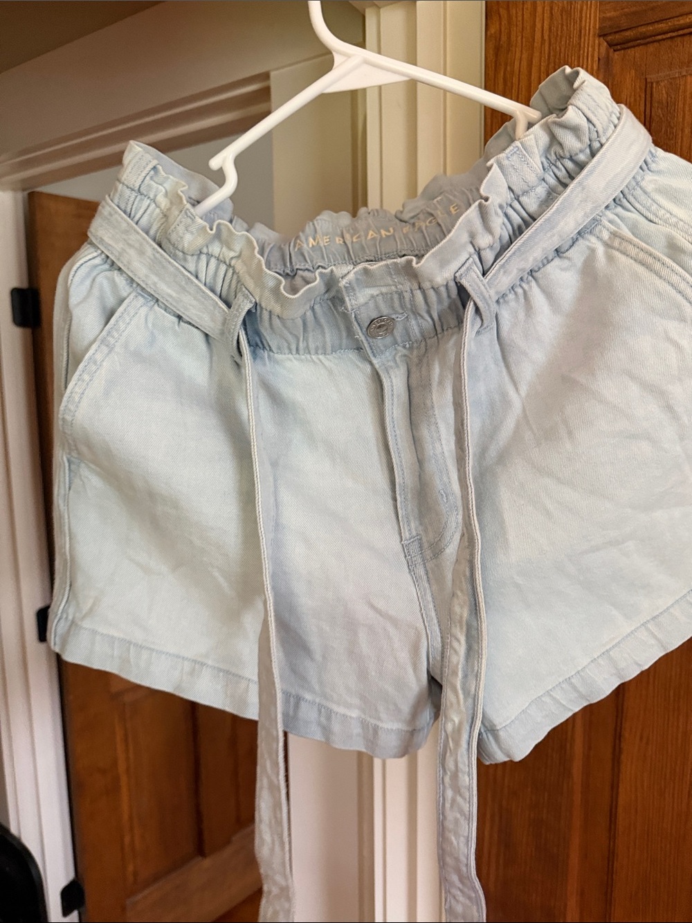 American Eagle Outfitters Light Blue Paperbag Waist Denim Shorts with Tie